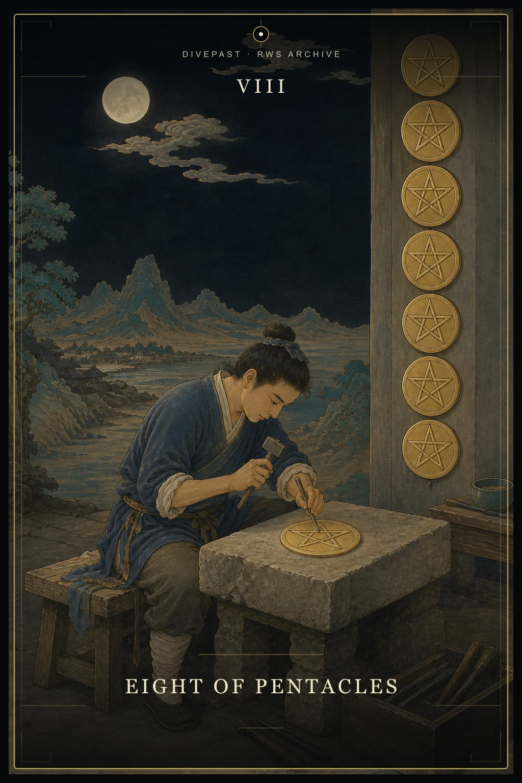 Eight of Pentacles Tarot card